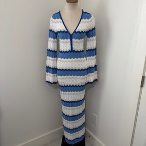 Seven Wonders Medium Blue White Stripe Long Sleeve Maxi Dress ~ Resort Nautical